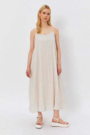 Askılı Uzun Çan Elbise - Natür