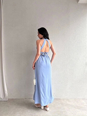 Kadın Krinkil Kumaş Beli Gipeli Halter Yaka Maxi Boy Elbise