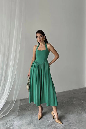 Yeşil Boyundan Bağlamalı Keten Elbise