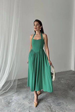 Yeşil Boyundan Bağlamalı Keten Elbise