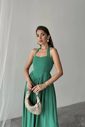Yeşil Boyundan Bağlamalı Keten Elbise