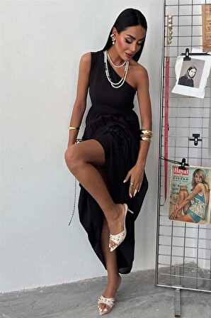 Tek Omuzlu Pile Detay Maxi Elbise 2895