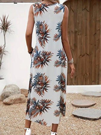 Kadın Askılı Yuvarlak Yaka Cepli Desenli Süprem Elbise