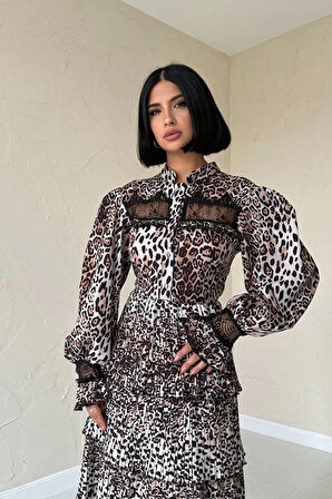 Leopar Pilise Detaylı Lastikli Elbise