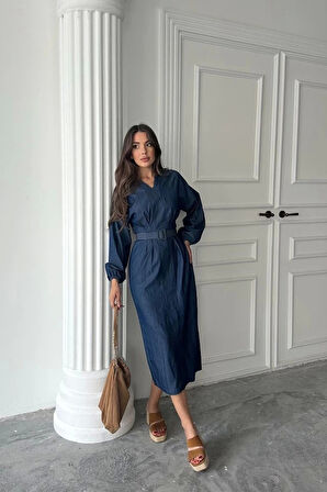 Mavi Tencel Uzun Kollu Elbise