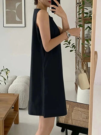 Kadın Askılı Sıfır Kol A Kesim Detaylı Ithal Krep Elbise