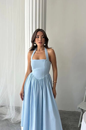 Mavi Boyundan Bağlamalı Keten Elbise