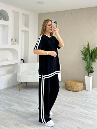 Kadın Kısa Kollu Bisiklet Yaka çift Renk şerit Detaylı Viskon Iki Iplik Bluz Ve Pantolon Ikili Takım