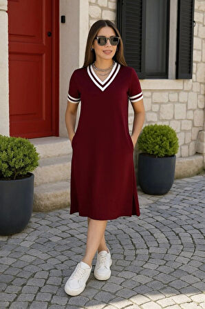 Kadın Kısa Kollu V Yaka Ve Yaka Ribana Detay Midiboy Viskon Elbise