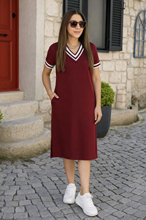 Kadın Kısa Kollu V Yaka Ve Yaka Ribana Detay Midiboy Viskon Elbise