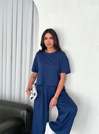 Osy Modal Yumuşak Dokulu Kumaş Bisiklet Yaka T-shirt Bol Paça Pantalon Ikili Takım -Saks Mavi