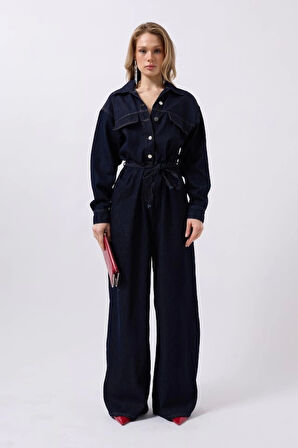 Düğme Detaylı Denim Tulum