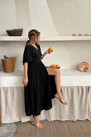 Siyah Müslin Uzun Elbise