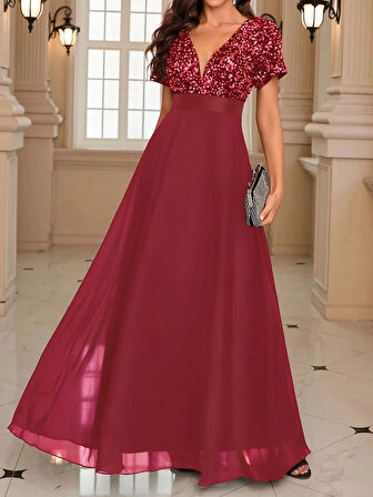 Kadın Kısa Kollu Derin V Yakalı A Kesim Pulpayet Detaylı şifon Nedime Elbisesi