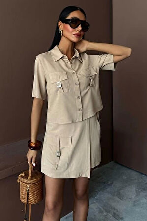 Gömlek Şort Etek Viscon Keten Takım 10162