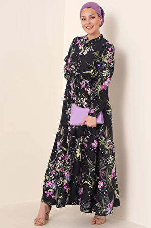 2144 Hakim Yaka Tesettür Elbise - Siyah