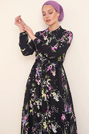 2144 Hakim Yaka Tesettür Elbise - Siyah