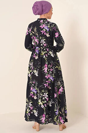 2144 Hakim Yaka Tesettür Elbise - Siyah