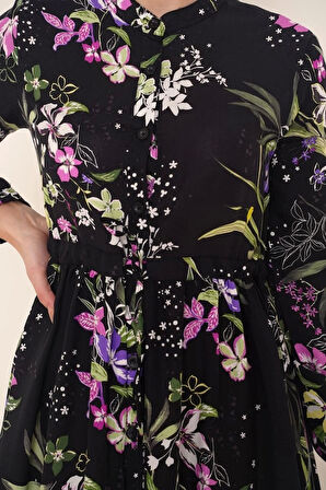 2144 Hakim Yaka Tesettür Elbise - Siyah