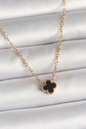 316L Çelik Gold Renk Siyah Yonca Model Kadın Kolye