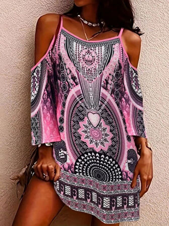 Kadın Askılı Omuzlardan Açık Fakir Kol Desenli Kısa Süprem Elbise