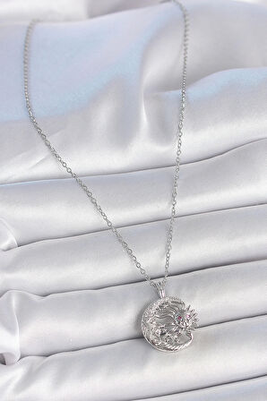 316L Çelik Gümüş Renk Zincir Ay Güneş Model Zirkon Taş Detay Kadın Kolye