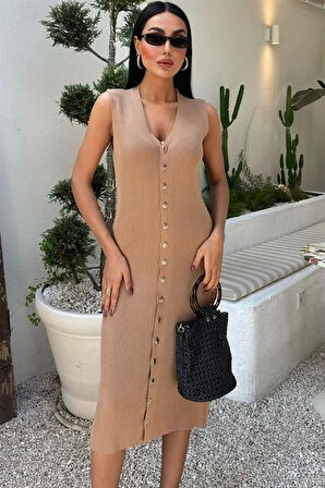 Önü Düğmeli Fitilli Kolsuz Elbise 2832