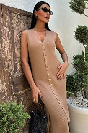 Önü Düğmeli Fitilli Kolsuz Elbise 2832