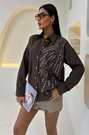 Ay Figürlü Taş İşlemeli Poplin Gömlek 3440