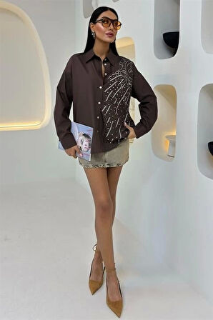 Ay Figürlü Taş İşlemeli Poplin Gömlek 3440