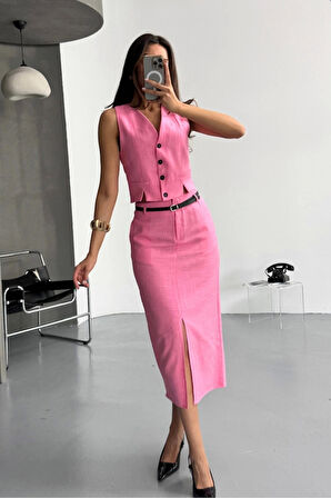 YELEK-ÖNDEN YIRTMAÇLI ETEK TK ŞANTUK KETEN - Pembe