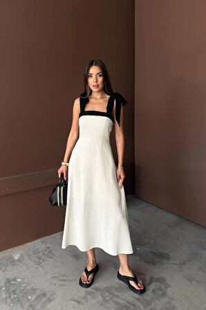 Bej Omuzdan Bağlamalı Keten Elbise