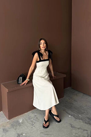 Bej Omuzdan Bağlamalı Keten Elbise