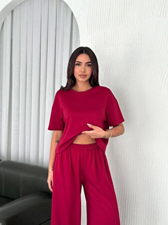 Osy Modal Yumuşak Dokulu Kumaş Bisiklet Yaka T-shirt Bol Paça Pantalon Ikili Takım -Bordo