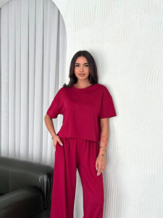 Osy Modal Yumuşak Dokulu Kumaş Bisiklet Yaka T-shirt Bol Paça Pantalon Ikili Takım -Bordo