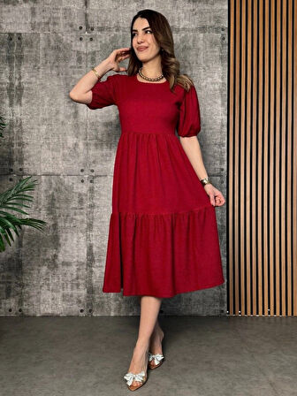 Kadın Kısa Kollu Yakası Açık Katlı Bürümcük Balon Elbise