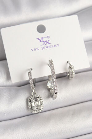 Pirinç Gümüş Renk Zirkon Taşlı Baget Halka Model 3'Lü Kadın Kombin Küpe