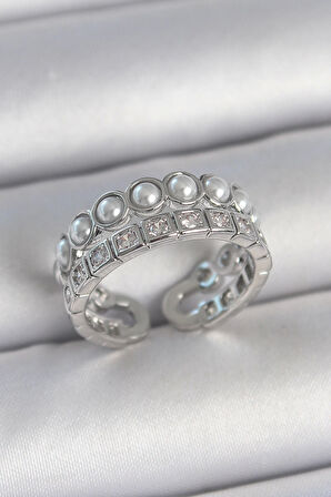 Pirinç Gümüş Renk 2'Li Sıra Zirkon Taşlı Ve İncili Ayarlanabilir Kadın Yüzük