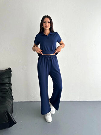 Osy Modal Yumuşak Dokulu Kumaş Kısa Kollu Yakalı T-shirt Pantalon Ikili Takım- Lacivert