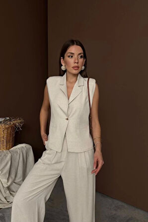 Bej Keten Yelek Pantolon Takım