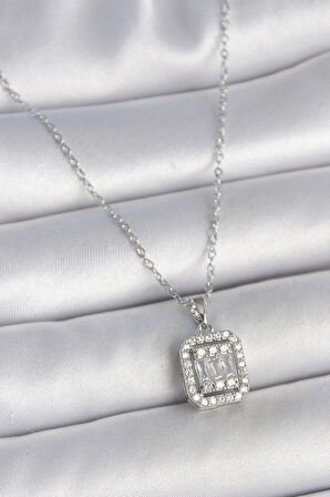 316L Çelik Gümüş Renk Zincir Kare Zirkon Taşlı Kadın Kolye
