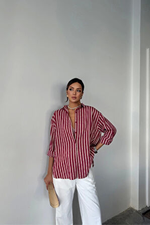 ÇİZGİLİ GÖMLEK  KETEN - Bordo