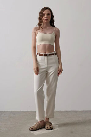 Kemerli Havuç Pantolon - Ekru