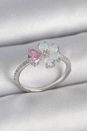 Pirinç Gümüş Renk Beyaz Mineli Pembe Zirkon Taşlı Çiçek Model Kadın Yüzük