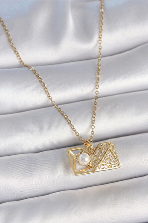 316L Çelik Gold Renk Zincir Zirkon Taşlı Açılır İncili Elmas Model Kadın Kolye