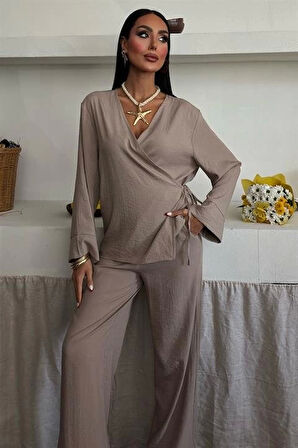 Kruvaze Model Klasik Pantolonlu Çupra Keten Takım 10191