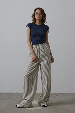 Çizgili Pamuklu Lastikli Pantolon - Bej-Lacivert