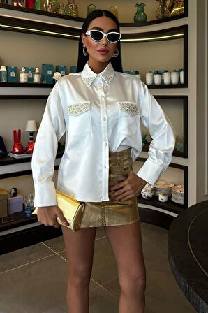 Yaka Ve Cep İnci Taşlı Saten Gömlek 3423