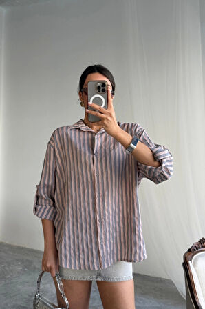 ÇİZGİLİ GÖMLEK  KETEN - Antrasit