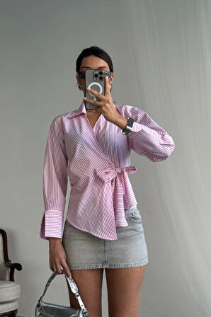 ÇİZGİLİ POPLİN KRUVAZE BAĞLAMALI GÖMLEK - Pembe